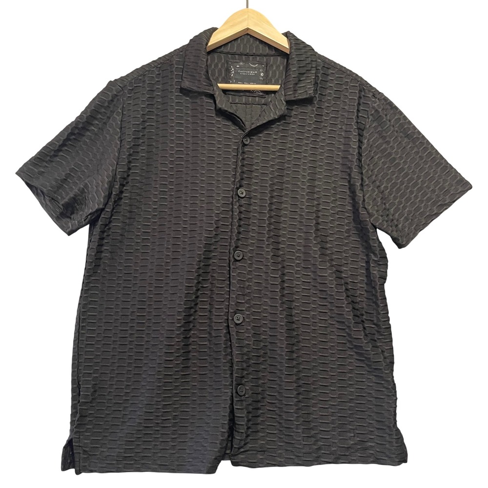 Cactus Man Ricky Singh Mens Shirt L Black Textured Waffle Knit Camp Collar
